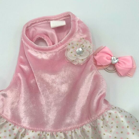 Pink & Gold Polka Dotted Dress with Bow (XS) - Picture 9 of 9